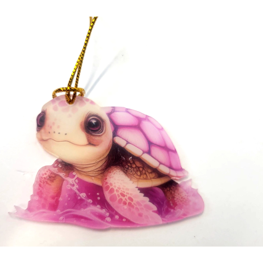 Pink Sea Turtle Hanging Ornament Cute Ocean Animal Gold Cord Tree Decor Gift - Picture 2 of 7